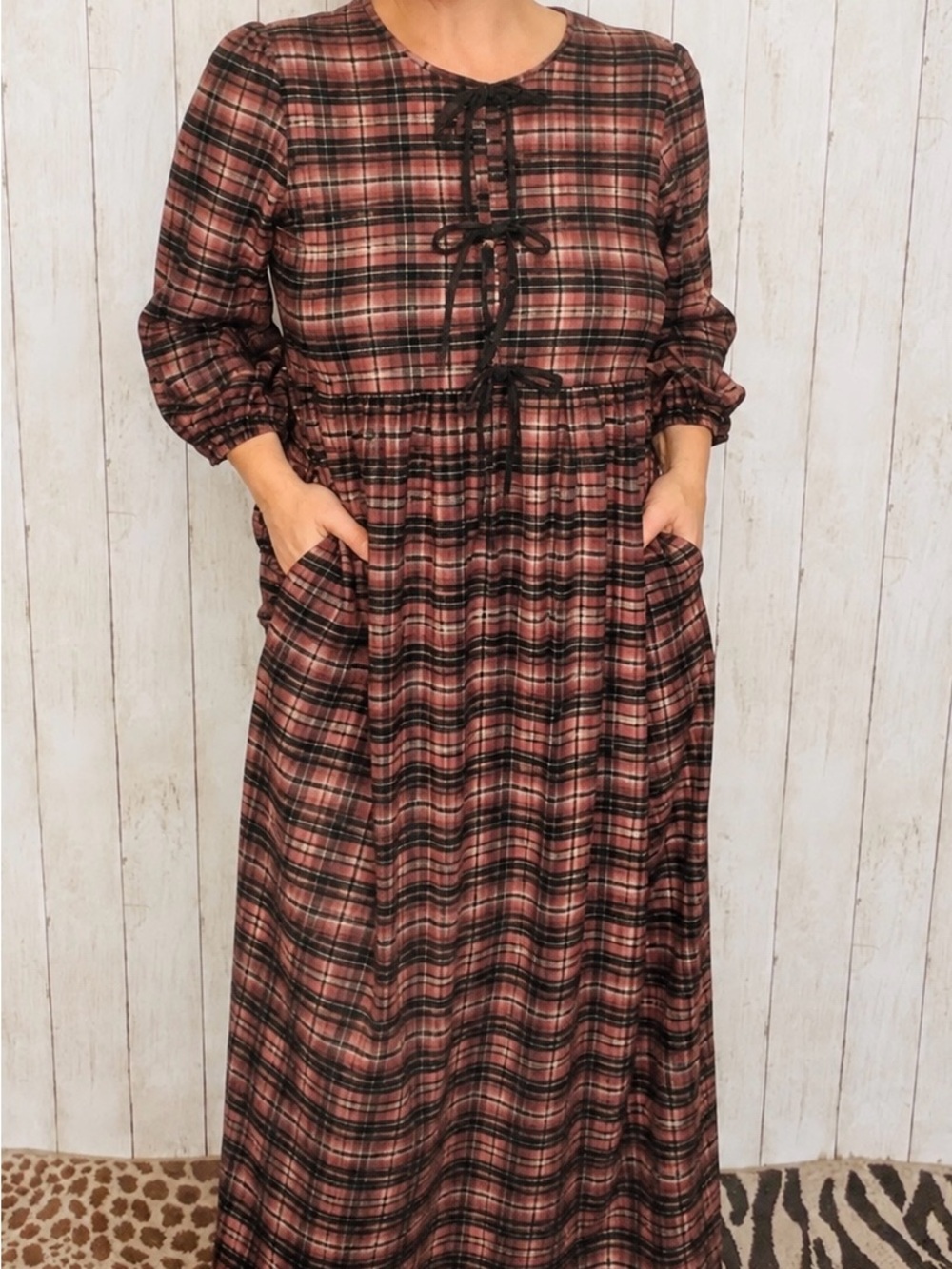 Plaid Tie-Front 3/4 Sleeve Midi Dress in Mocha